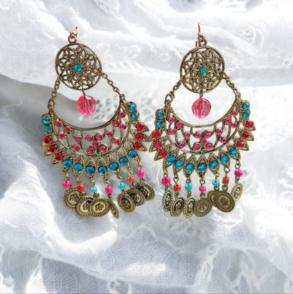 NWOT-Bebe Bohemian Multicolor Chandelier Earrings